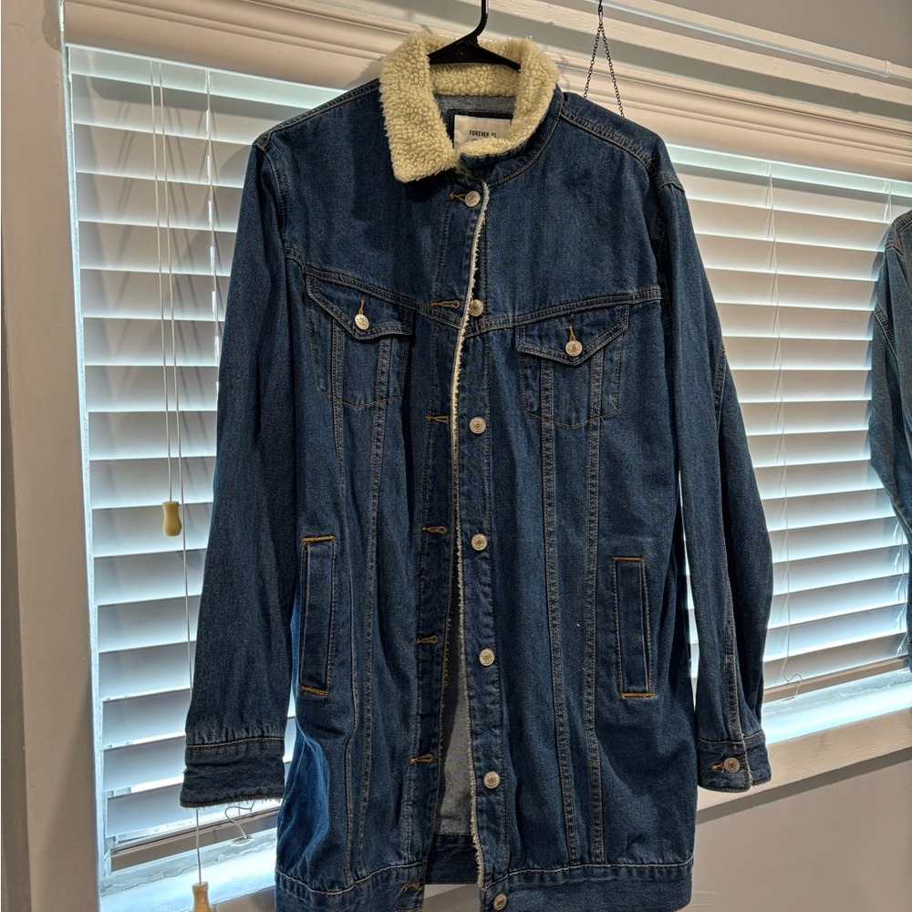 Sherpa Lined Dark Blue Long Denim Jacket